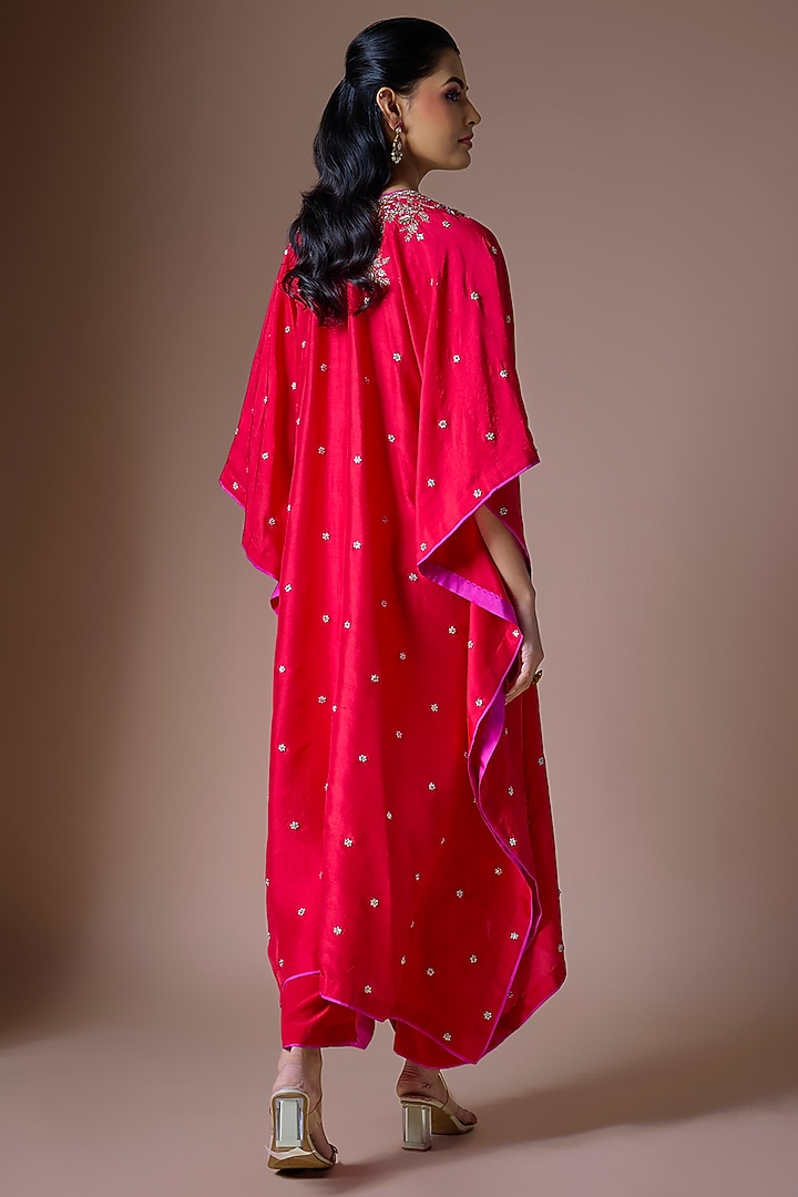 Red Dupion Silk Hand Embroidered Kaftan Set by Anushree Reddy at Pernia's Pop Up Shop