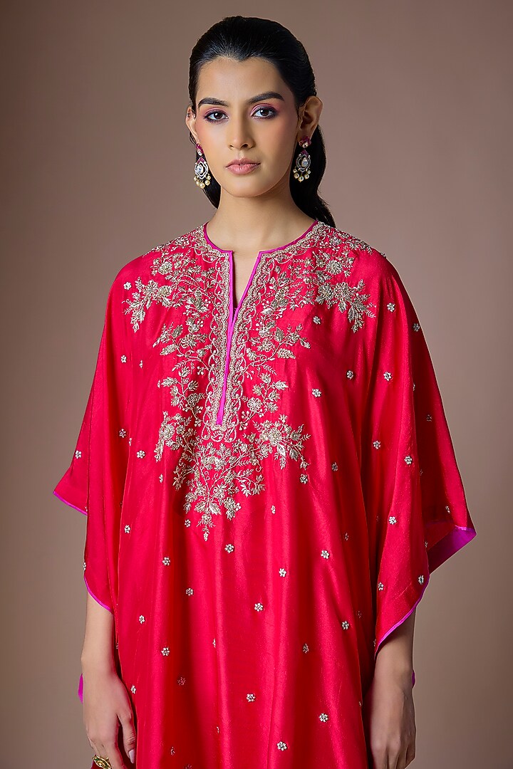 Red Dupion Silk Hand Embroidered Kaftan Set by Anushree Reddy at Pernia's Pop Up Shop