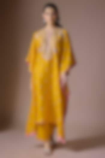 Mustard Yellow Dupion Silk Hand Embroidered Kaftan Set by Anushree Reddy at Pernia's Pop Up Shop