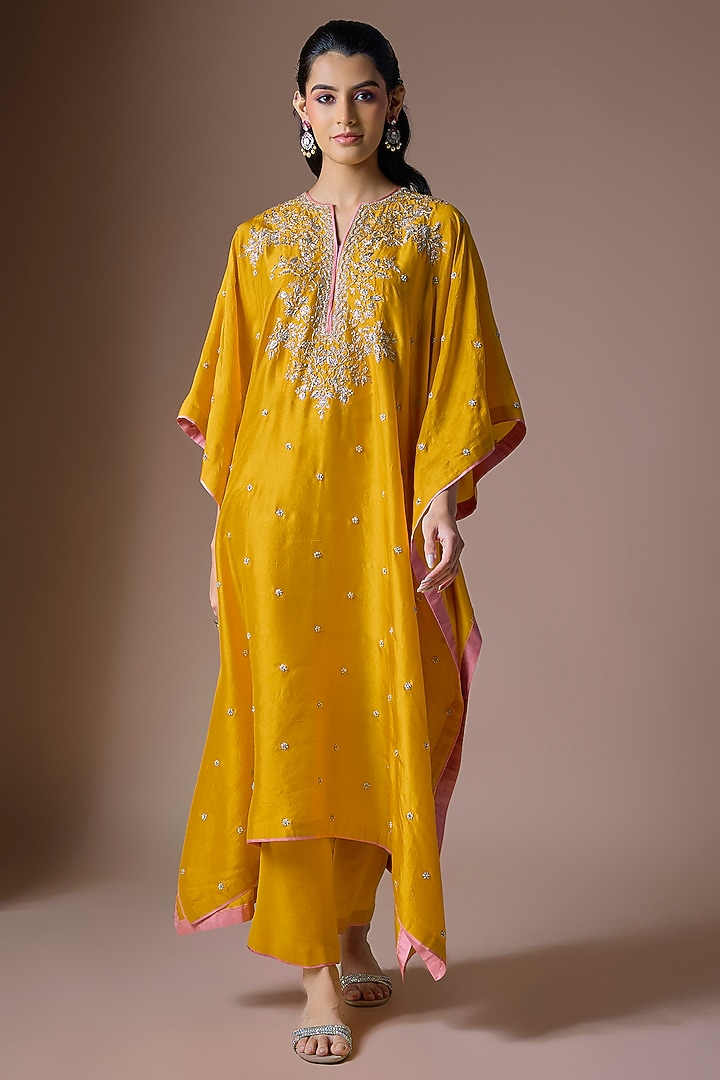 Mustard Yellow Dupion Silk Hand Embroidered Kaftan Set by Anushree Reddy at Pernia's Pop Up Shop