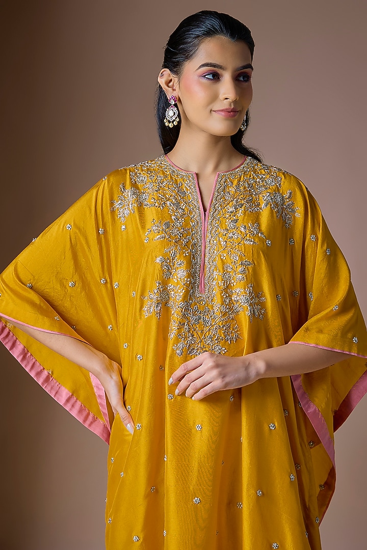 Mustard Yellow Dupion Silk Hand Embroidered Kaftan Set by Anushree Reddy at Pernia's Pop Up Shop