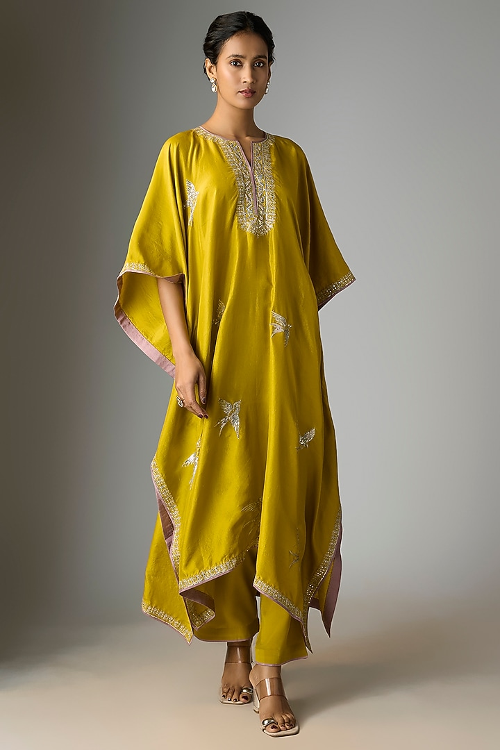 Chutney Green Dupion Silk Hand & Machine Embroidered Kaftan Set by Anushree Reddy at Pernia's Pop Up Shop