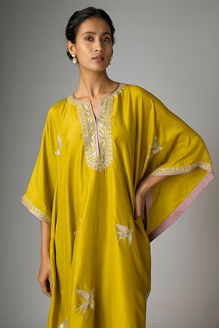 Chutney Green Dupion Silk Hand & Machine Embroidered Kaftan Set by Anushree Reddy at Pernia's Pop Up Shop