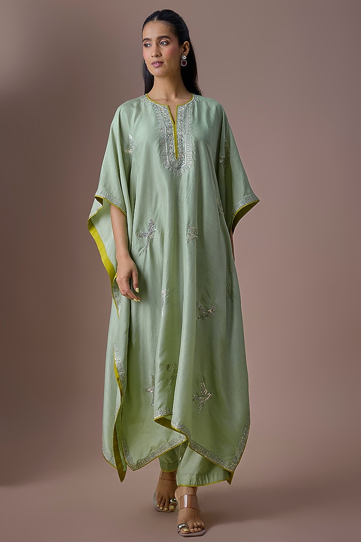 Sea Green Dupion Silk Kaftan Set by Anushree Reddy at Pernia's Pop Up Shop