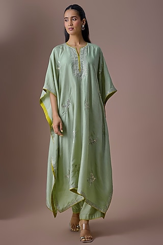 Sea Green Dupion Silk Kaftan Set by Anushree Reddy