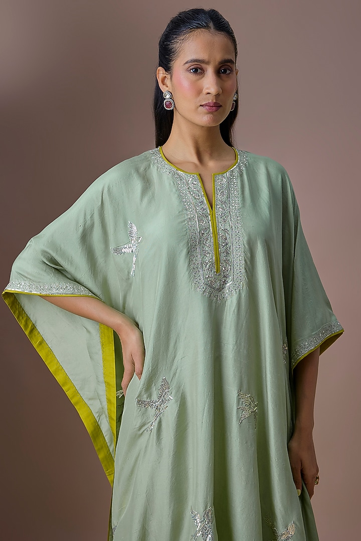 Sea Green Dupion Silk Kaftan Set by Anushree Reddy at Pernia's Pop Up Shop