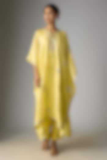 Lime Yellow Dupion Silk Hand & Machine Embroidered Kaftan Set by Anushree Reddy at Pernia's Pop Up Shop