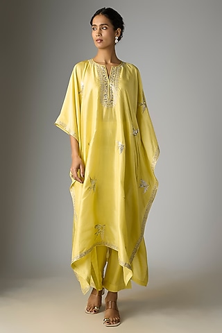 Lime Yellow Dupion Silk Hand & Machine Embroidered Kaftan Set by Anushree Reddy