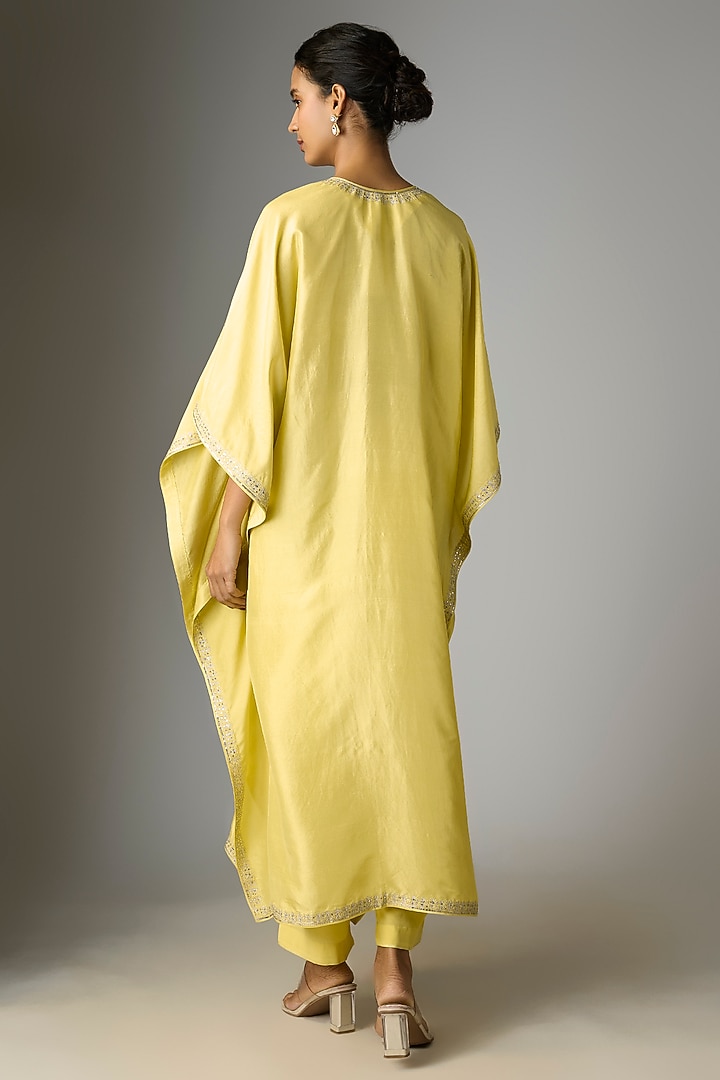 Lime Yellow Dupion Silk Hand & Machine Embroidered Kaftan Set by Anushree Reddy at Pernia's Pop Up Shop