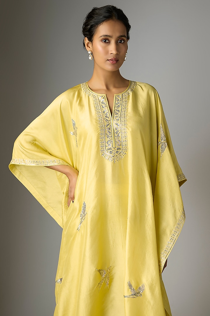 Lime Yellow Dupion Silk Hand & Machine Embroidered Kaftan Set by Anushree Reddy at Pernia's Pop Up Shop
