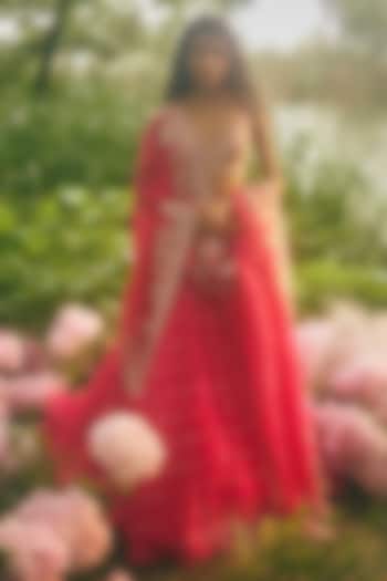 Cherry Red Organza Embroidered Bridal Lehenga Set by Anushree Reddy at Pernia's Pop Up Shop