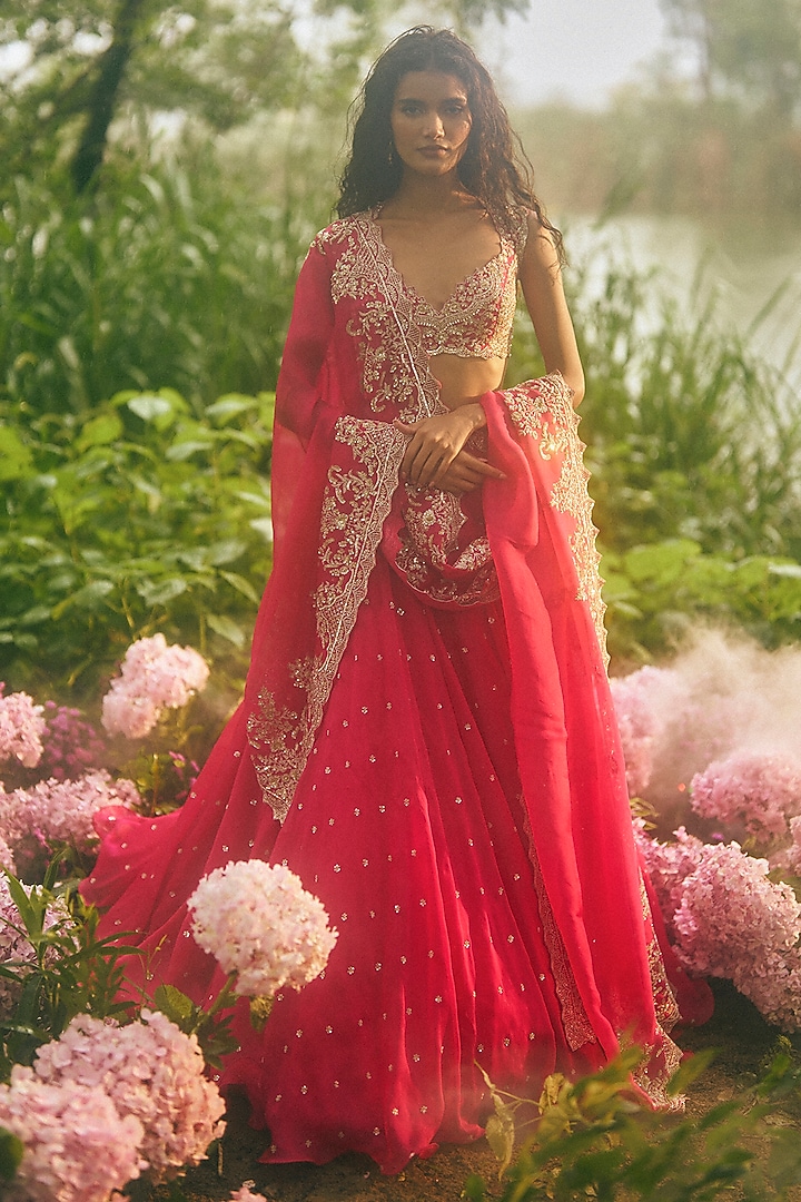 Cherry Red Organza Embroidered Bridal Lehenga Set by Anushree Reddy at Pernia's Pop Up Shop
