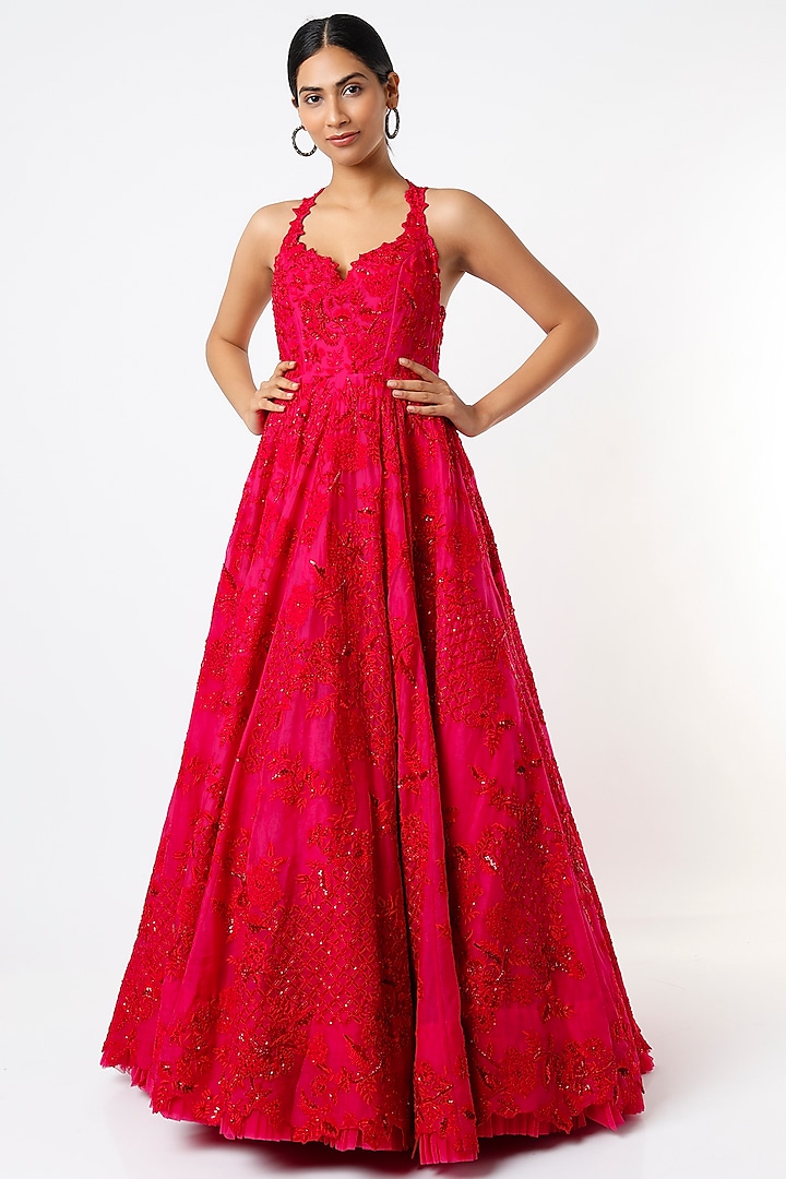 Red Embroidered Bridal Gown by Anushree Reddy at Pernia's Pop Up Shop