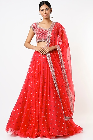 Red Embroidered Lehenga Set by Anushree Reddy