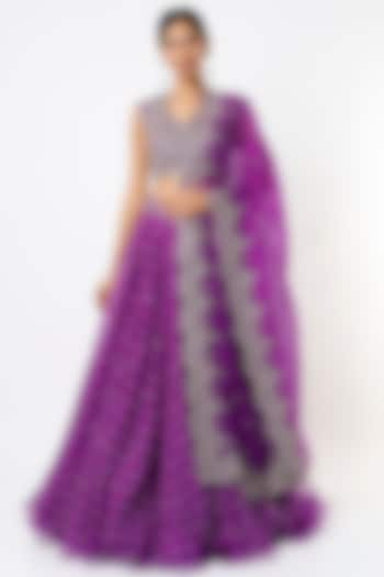 Purple Raw Silk Embroidered Bridal Lehenga Set by Anushree Reddy at Pernia's Pop Up Shop