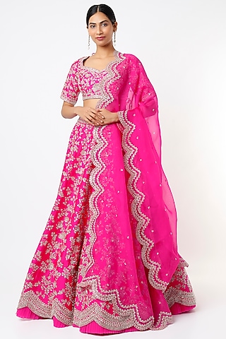Hot Pink Embroidered Scalloped Lehenga Set by Anushree Reddy