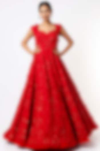 Red Gown With 3D Detailing by Anushree Reddy