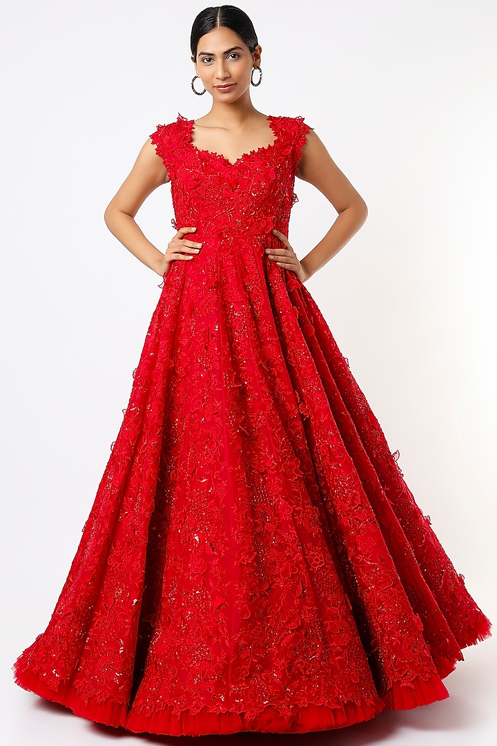 Red Gown With 3D Detailing by Anushree Reddy