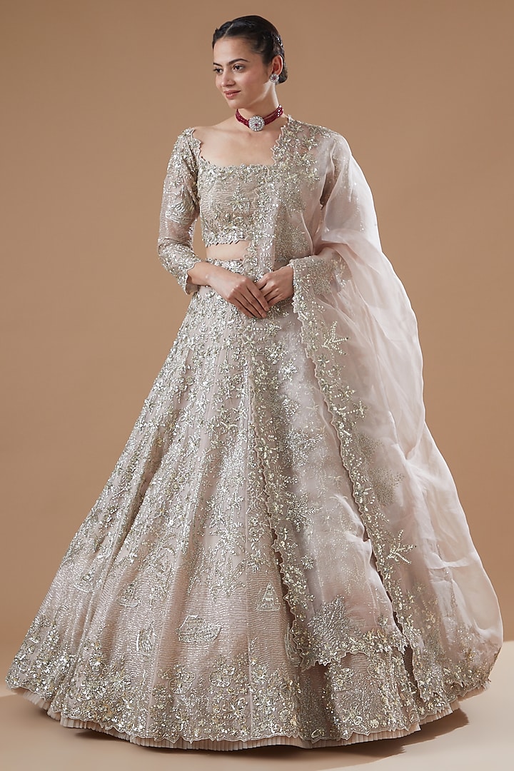 Dusty Pink Organza Embroidered Bridal Lehenga Set by Anushree Reddy at Pernia's Pop Up Shop