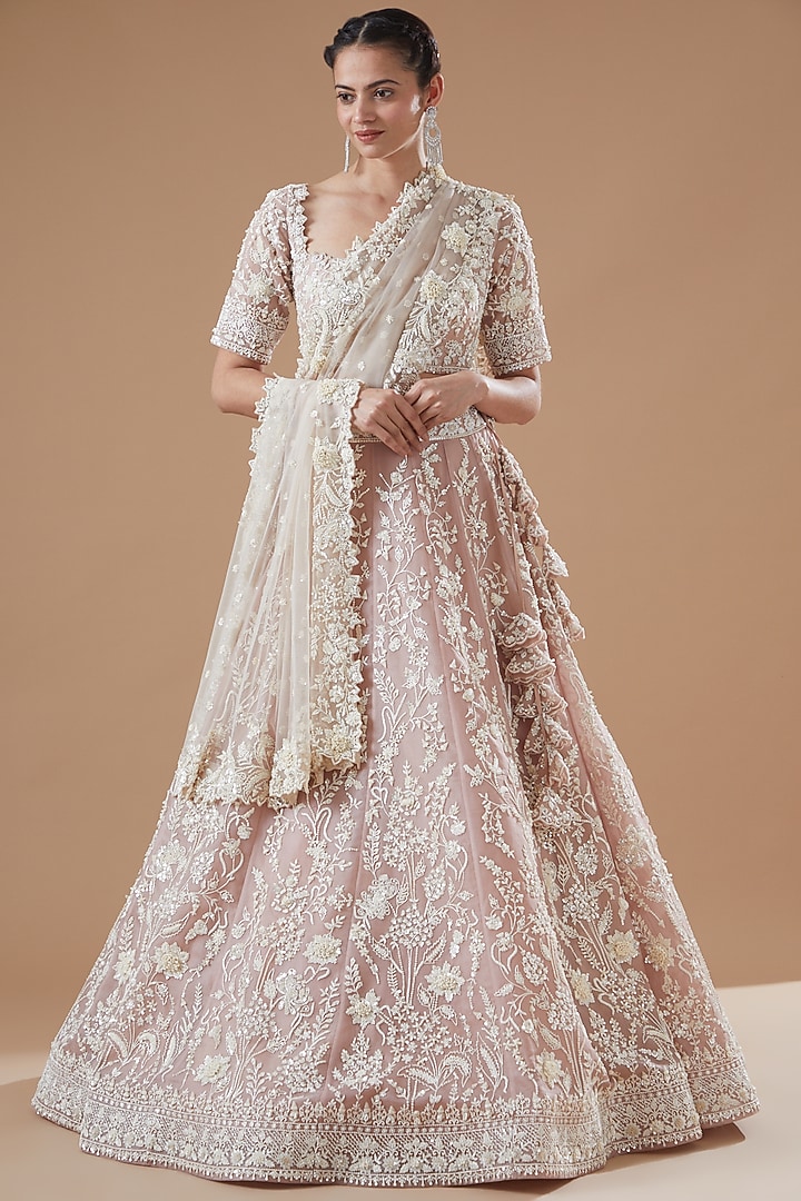 Dusty Pink Organza Embroidered Bridal Lehenga Set by Anushree Reddy at Pernia's Pop Up Shop