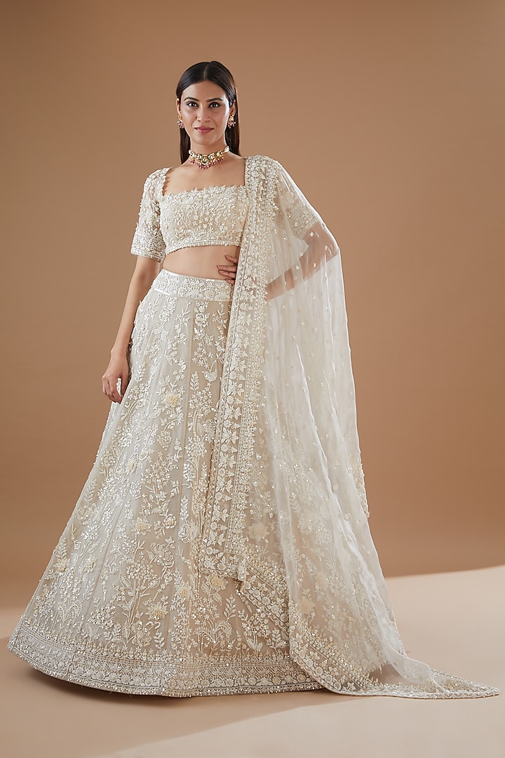 Ivory Organza Embroidered Bridal Lehenga Set by Anushree Reddy at Pernia's Pop Up Shop