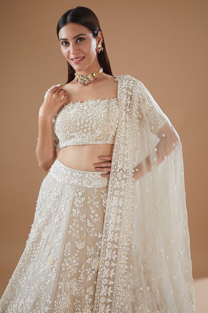Ivory Organza Embroidered Bridal Lehenga Set by Anushree Reddy at Pernia's Pop Up Shop