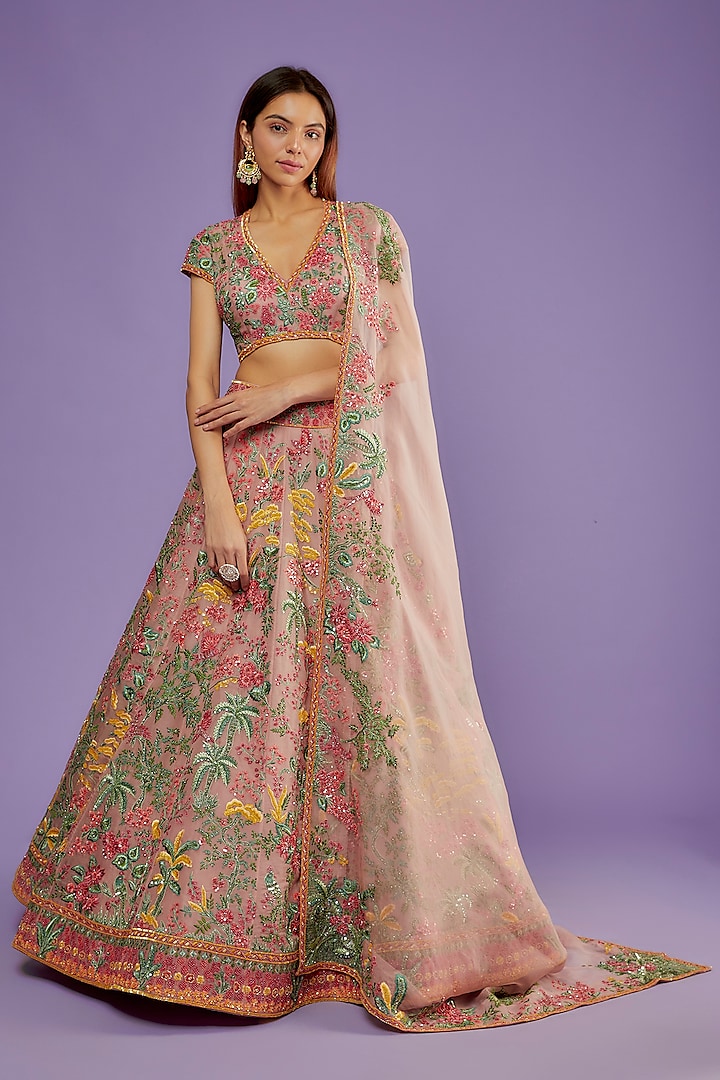 Peach Organza Embroidered Lehenga Set by Anushree Reddy