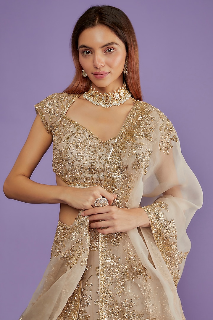 Creamish Beige Organza Embroidered Bridal Lehenga Set by Anushree Reddy at Pernia's Pop Up Shop