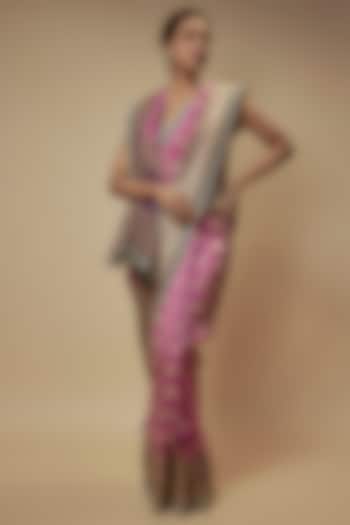 Magenta Pink Banarasi Silk Zardosi Embroidered Handwoven Bridal Saree Set by Anushree Reddy at Pernia's Pop Up Shop