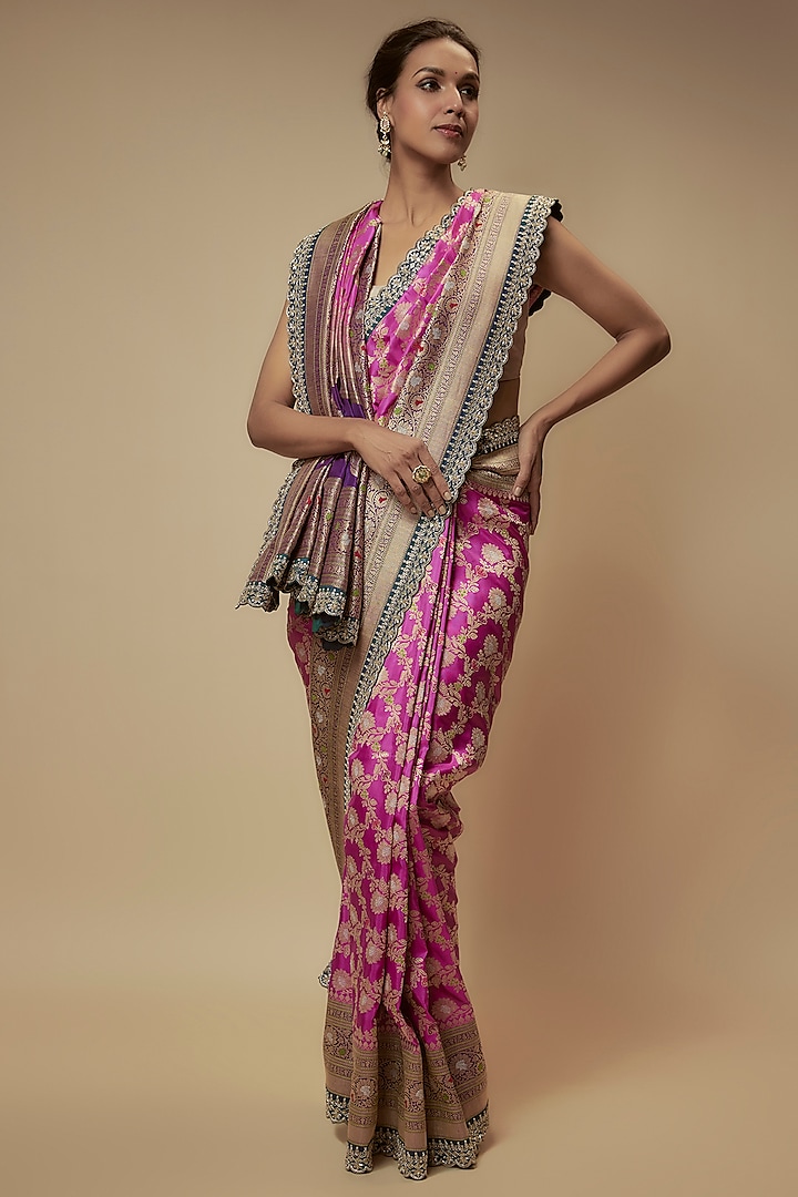 Magenta Pink Banarasi Silk Zardosi Embroidered Handwoven Bridal Saree Set by Anushree Reddy at Pernia's Pop Up Shop