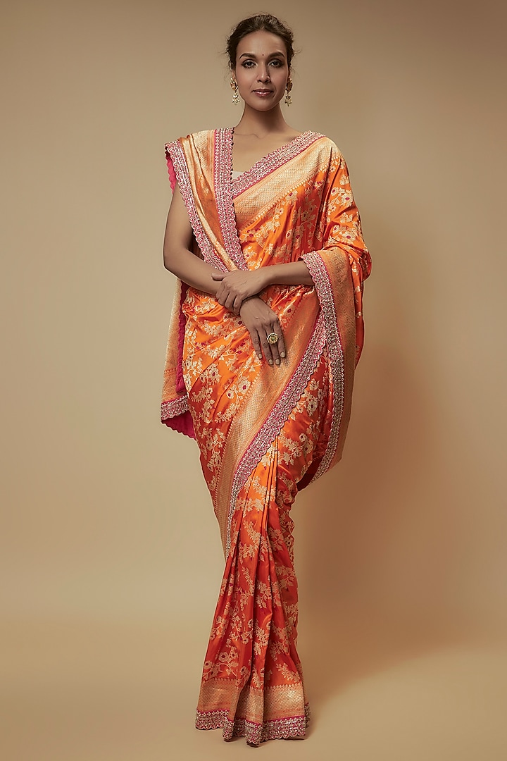 Orange Banarasi Silk Zardosi Embroidered Handwoven Saree Set by Anushree Reddy at Pernia's Pop Up Shop