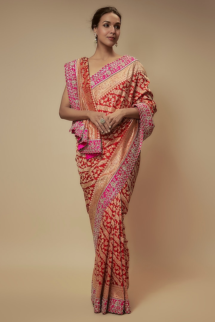 Red Banarasi Silk Zardosi Embroidered Saree Set by Anushree Reddy at Pernia's Pop Up Shop