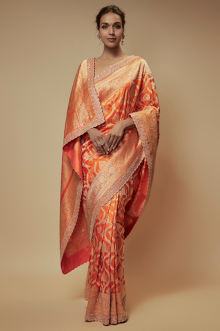 Orange Banarasi Silk Zardosi Embroidered Saree Set by Anushree Reddy at Pernia's Pop Up Shop