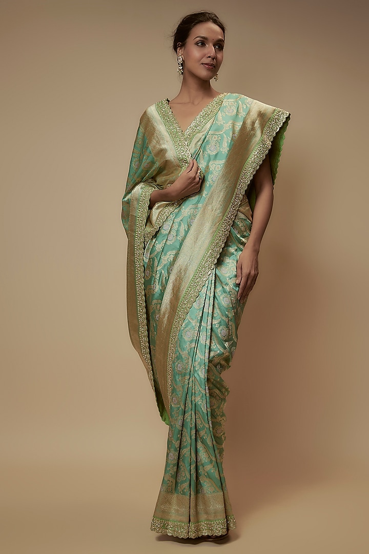 Sea Green Banarasi Silk Zardosi Embroidered Saree Set by Anushree Reddy at Pernia's Pop Up Shop