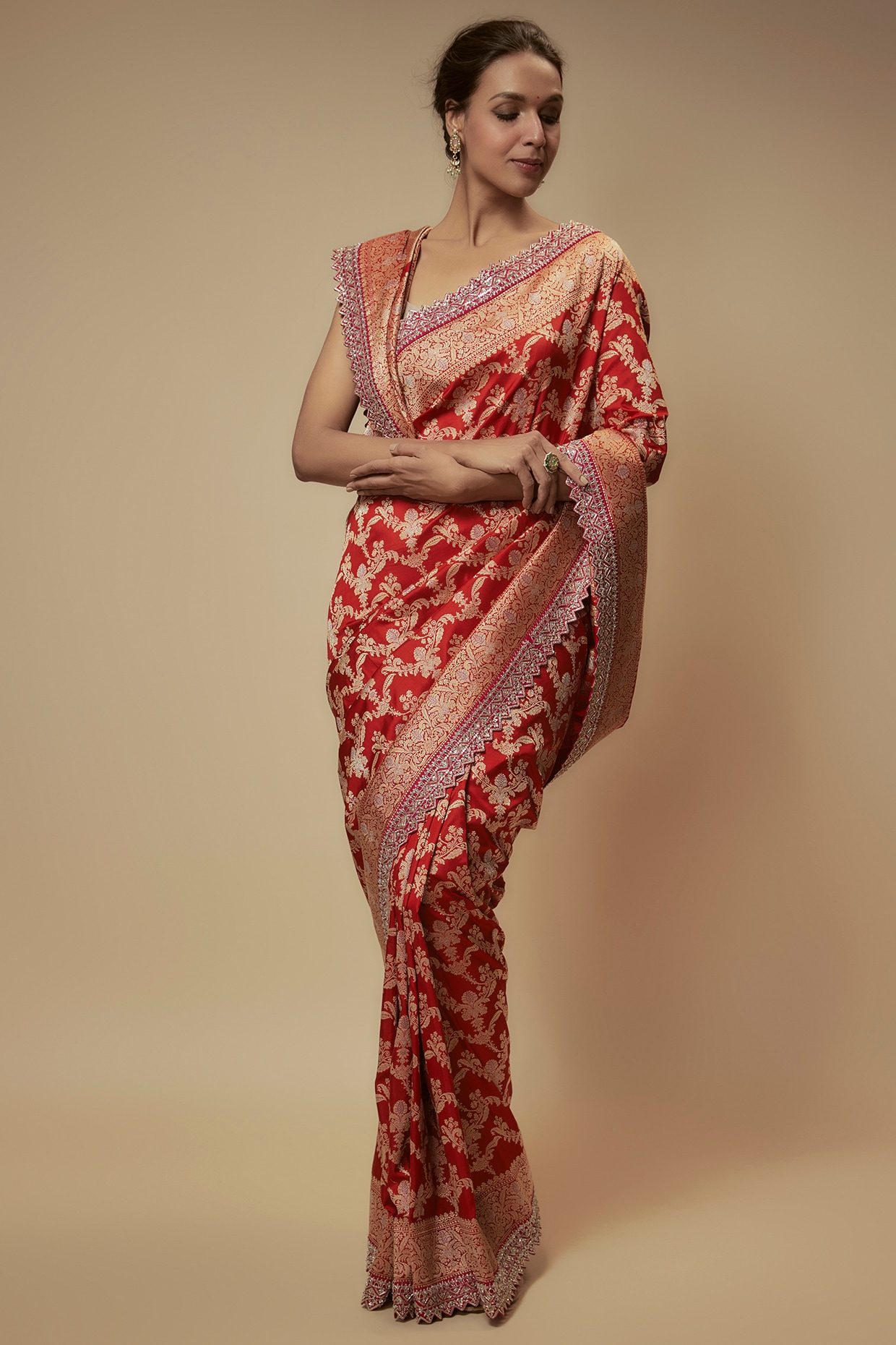 Bridal Wear Off White Saree With Red Fancy Broder