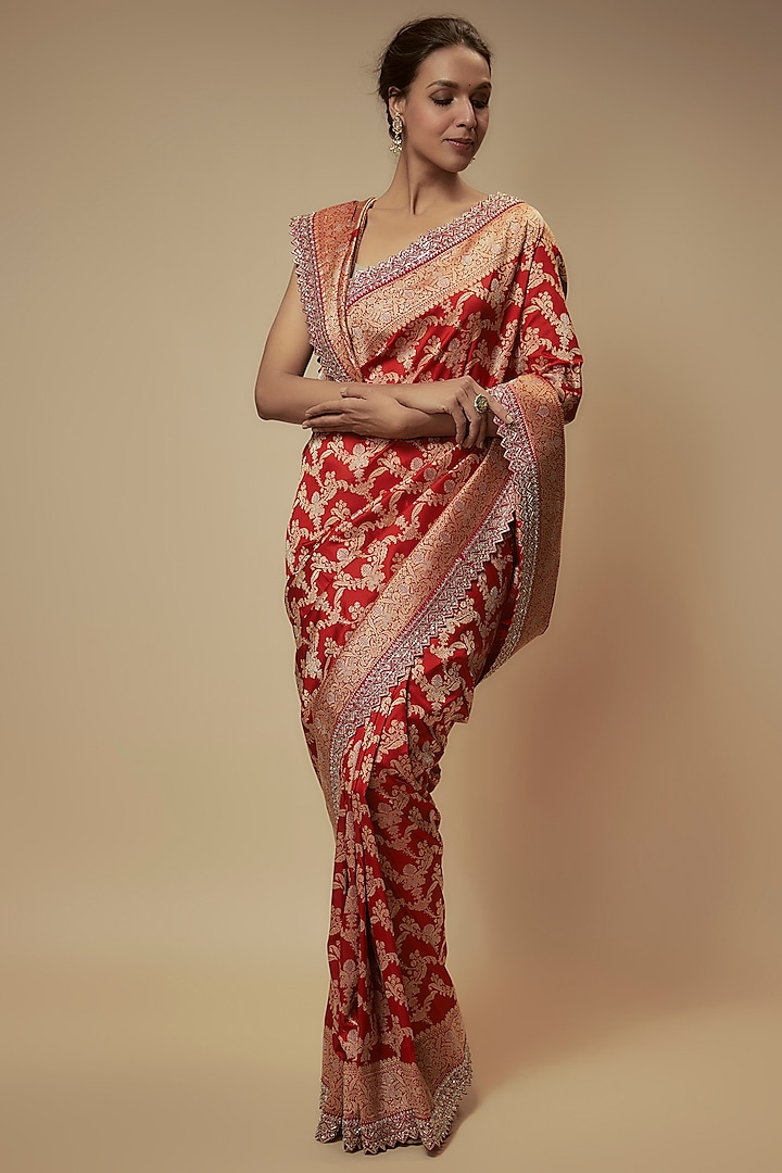 Red Banarasi Silk Zardosi Embroidered Saree Set by Anushree Reddy