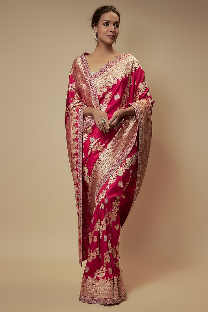 Red Banarasi Silk Zardosi Embroidered Saree Set by Anushree Reddy