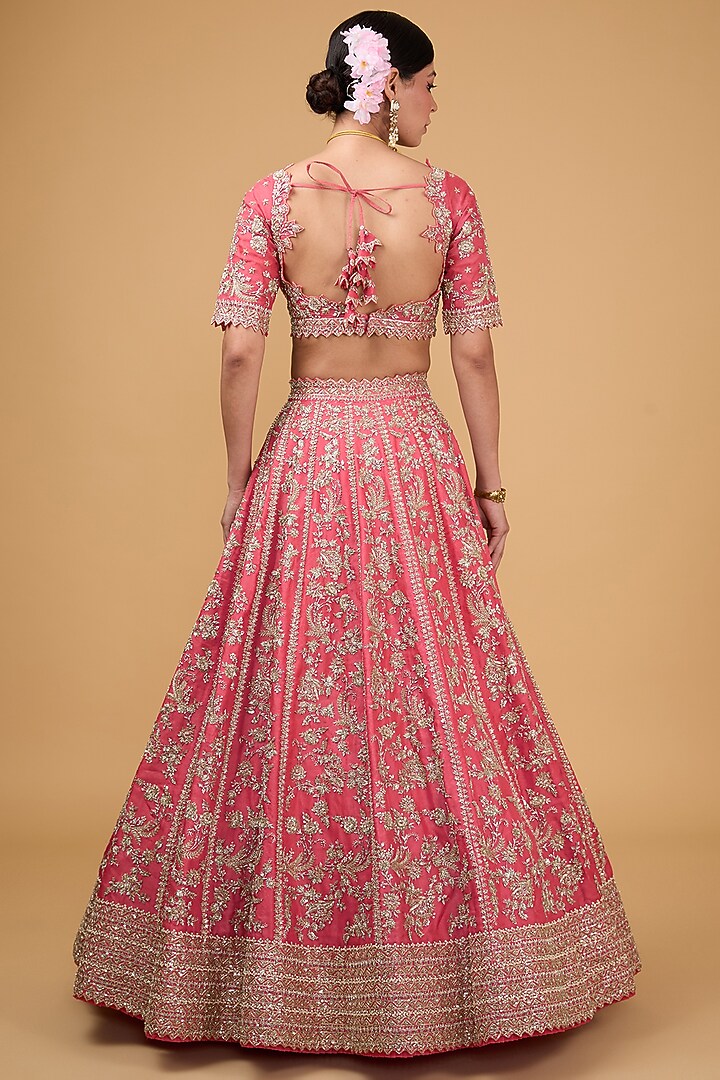 Coral Organza Zardosi Embroidered Bridal Lehenga Set by Anushree Reddy at Pernia's Pop Up Shop