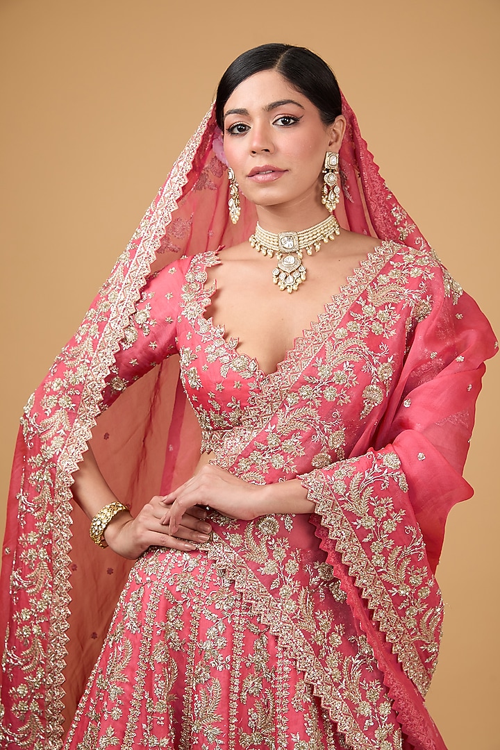 Coral Organza Zardosi Embroidered Bridal Lehenga Set by Anushree Reddy at Pernia's Pop Up Shop