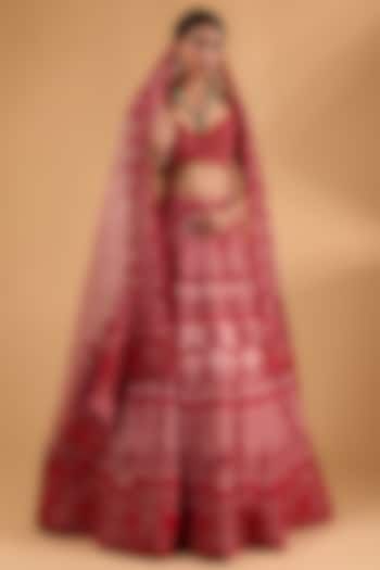 Pink & Red Organza Hand Embroidered Lehenga Set by Anushree Reddy