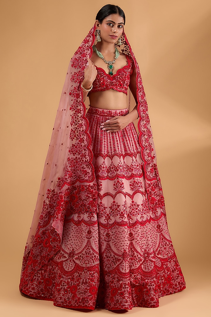 Pink & Red Organza Hand Embroidered Bridal Lehenga Set by Anushree Reddy at Pernia's Pop Up Shop