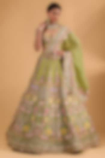 Lime Green Organza Thread Hand & Machine Embroidered Lehenga Set by Anushree Reddy