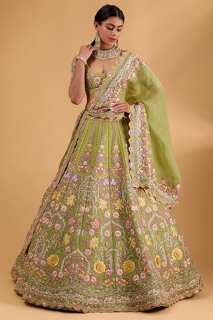 Lime Green Organza Thread Hand & Machine Embroidered Lehenga Set by Anushree Reddy