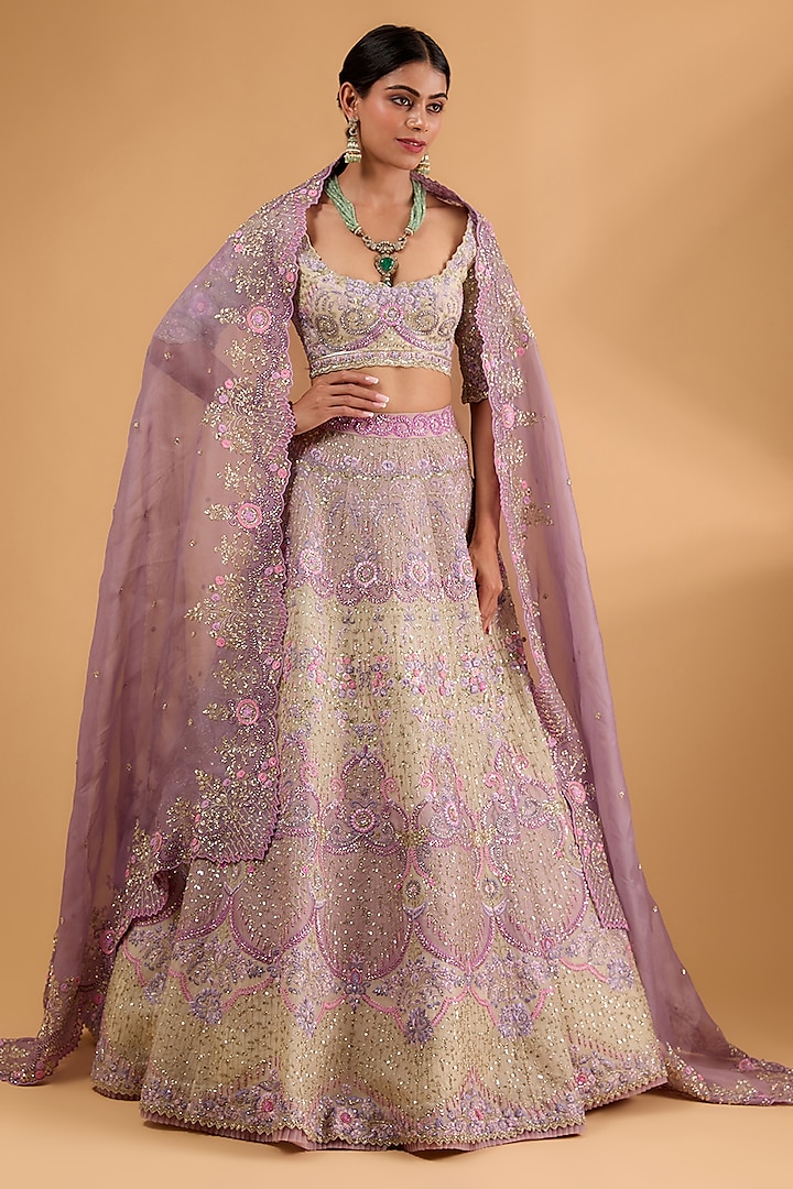 Ivory-Lavender Organza Thread Embroidered Bridal Lehenga Set by Anushree Reddy at Pernia's Pop Up Shop