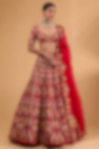 Red Organza Thread Hand & Machine Embroidered Lehenga Set by Anushree Reddy