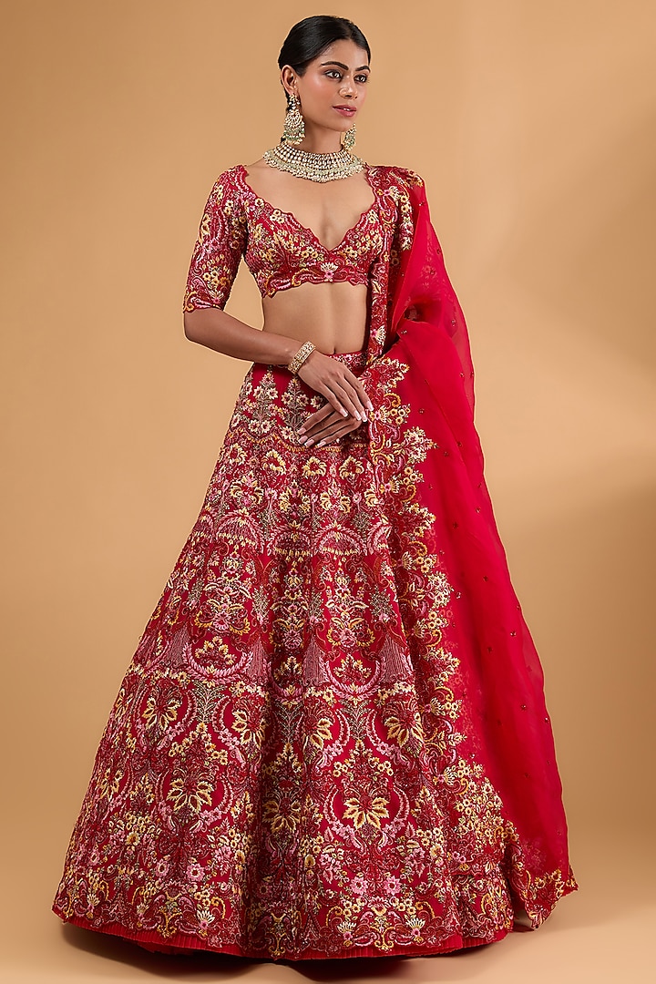 Red Organza Thread Hand & Machine Embroidered Lehenga Set by Anushree Reddy