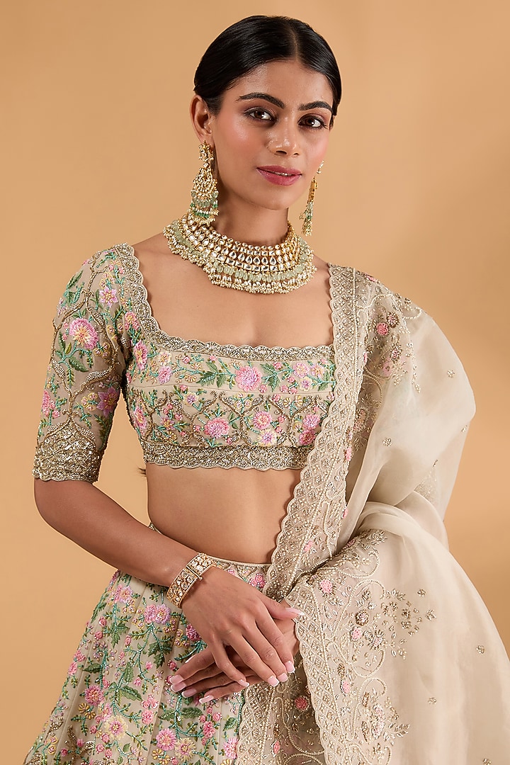 Ivory Organza Thread Hand & Machine Embroidered Bridal Lehenga Set by Anushree Reddy at Pernia's Pop Up Shop