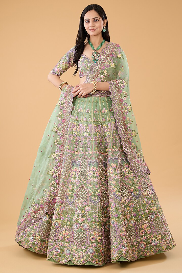 Mint Green Organza Cutdana Embroidered Lehenga Set by Anushree Reddy