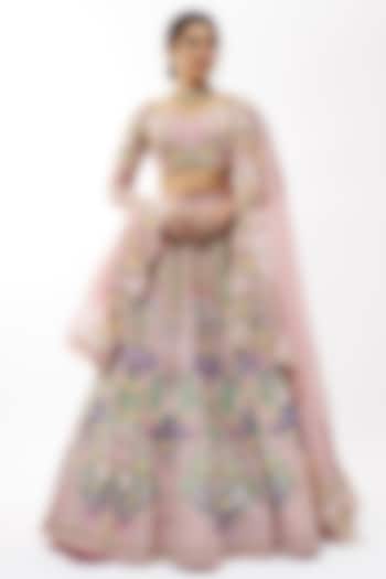 Blush Pink Organza Hand & Machine Embroidered Bridal Lehenga Set by Anushree Reddy at Pernia's Pop Up Shop