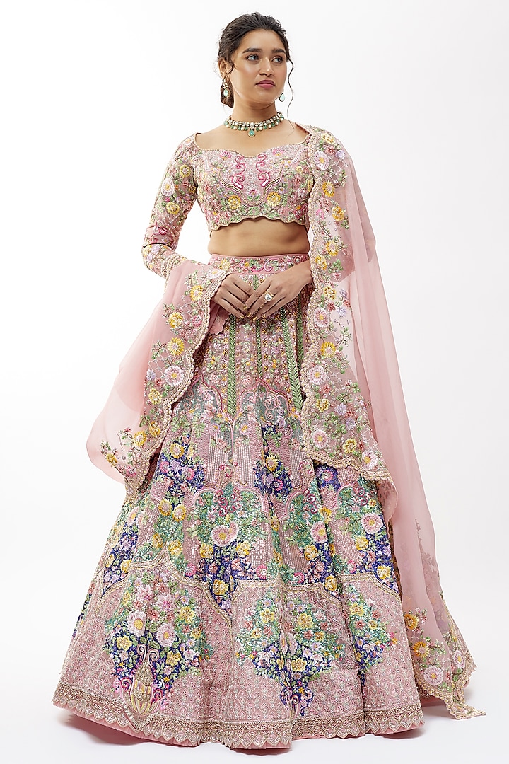 Blush Pink Organza Hand & Machine Embroidered Bridal Lehenga Set by Anushree Reddy at Pernia's Pop Up Shop